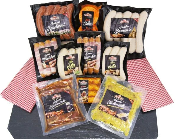 Barbecue-Party Grillpaket – Bratwurst, mariniertes Nackensteak, Käsegriller, Rauchwurst – 9 Grillspezialitäten im Set