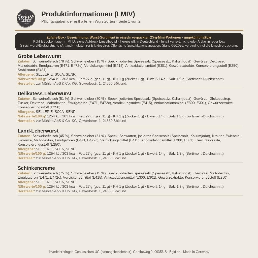 LMIV-Produktinformationen mit Zutaten, Allergenen und sortenspezifischen Nährwerten, Seite 1